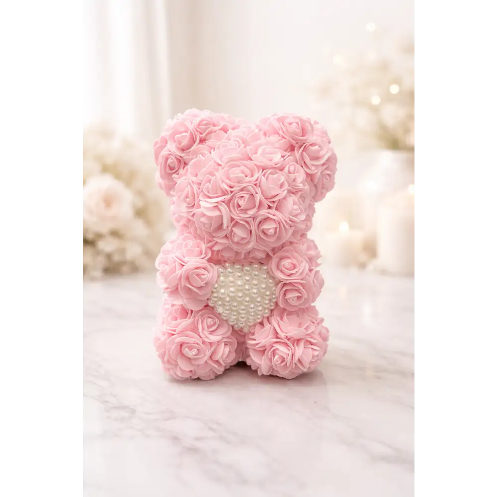 10-Inch Rose Bear & Pearl Heart in Gift Box - Pink