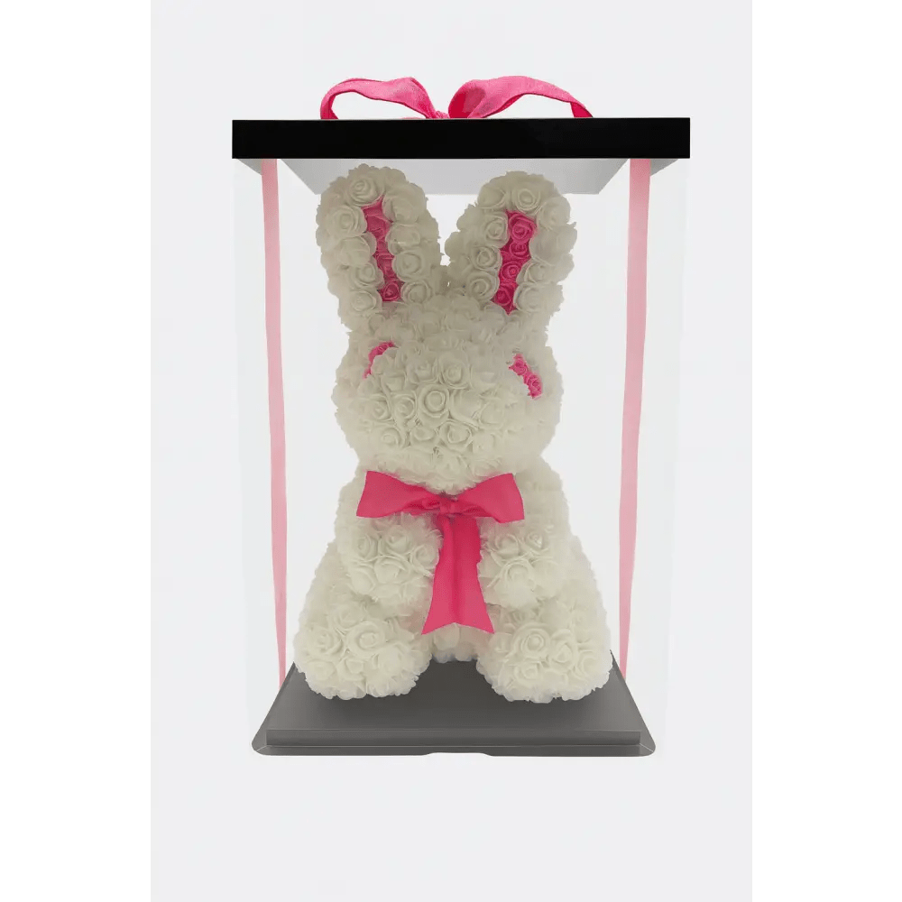 17" Rose Bunny in Gift Box – White with Pink Accents - Bloom Fleurs & Cadeaux