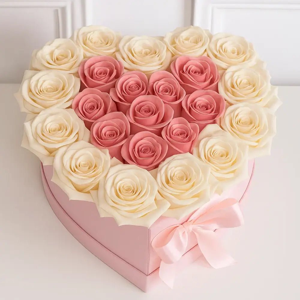 Fresh Pink & Ivory Roses in Heart Box - Bloom Fleurs & Cadeaux