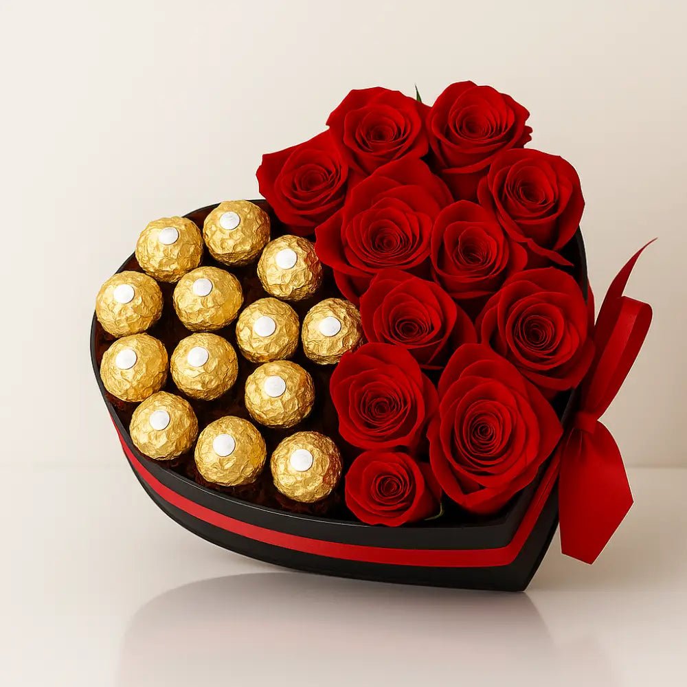 Heart Box with Fresh Roses & Ferrero Rocher - Bloom Fleurs & Cadeaux