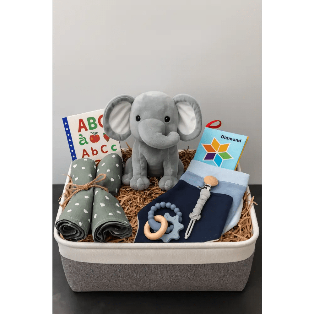 Luxury Baby Gift Basket – Elephant Plush, Swaddle, Bibs & Teething Essentials - Bloom Fleurs & Cadeaux