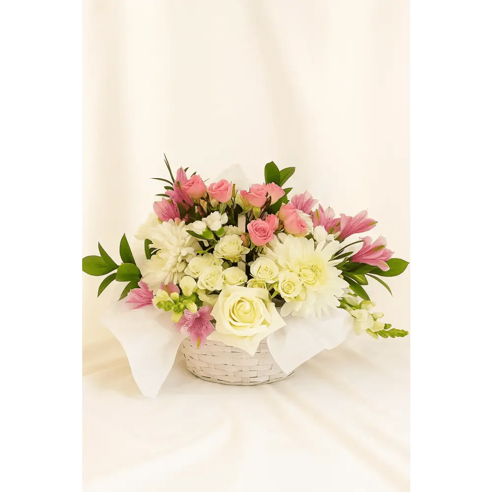 Soft Blush & Cream Basket Arrangement - Bloom Fleurs & Cadeaux