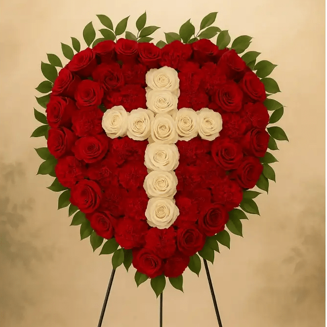 White Rose Cross Sympathy Heart 07 - Bloom Fleurs & Cadeaux