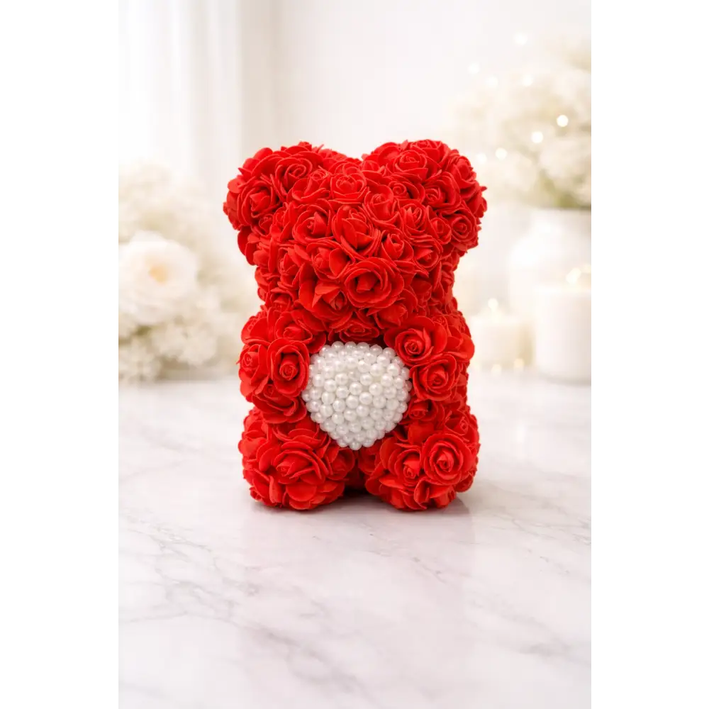 10-Inch Rose Bear & Pearl Heart in Gift Box - Red