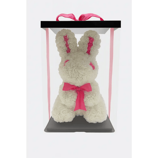 17" Rose Bunny in Gift Box – White with Pink Accents - Bloom Fleurs & Cadeaux