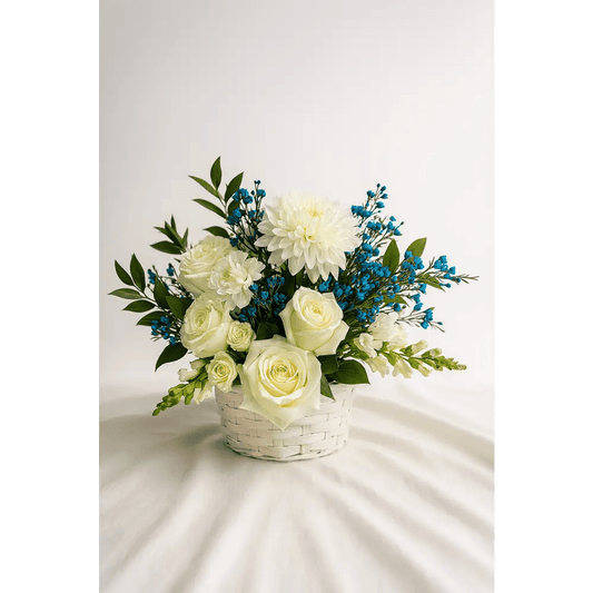 Elegant White & Blue Basket Arrangement - Bloom Fleurs & Cadeaux