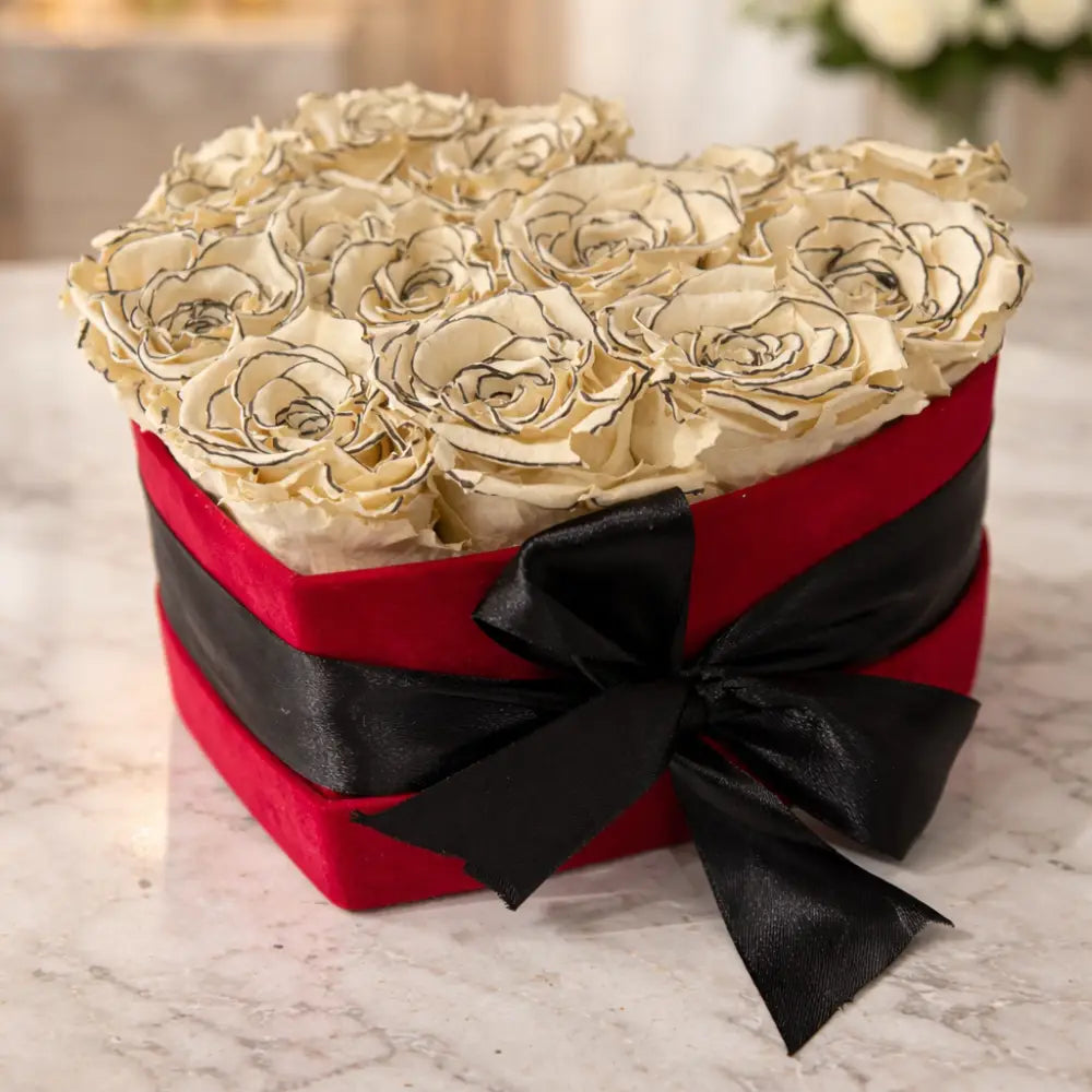 Ivory-Black Edged Preserved Rose Heart Box