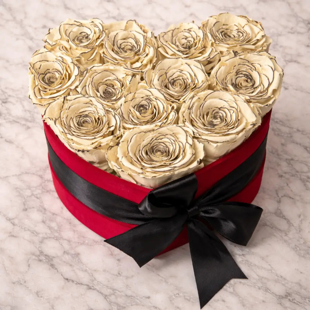 Ivory-Black Edged Preserved Rose Heart Box