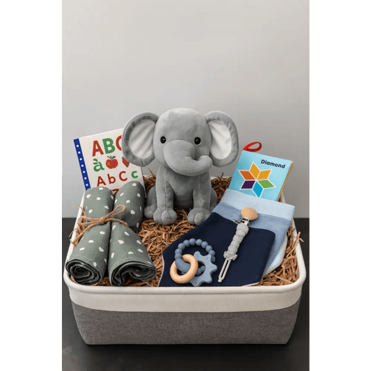 Luxury Baby Gift Basket – Elephant Plush, Swaddle, Bibs & Teething Essentials - Bloom Fleurs & Cadeaux