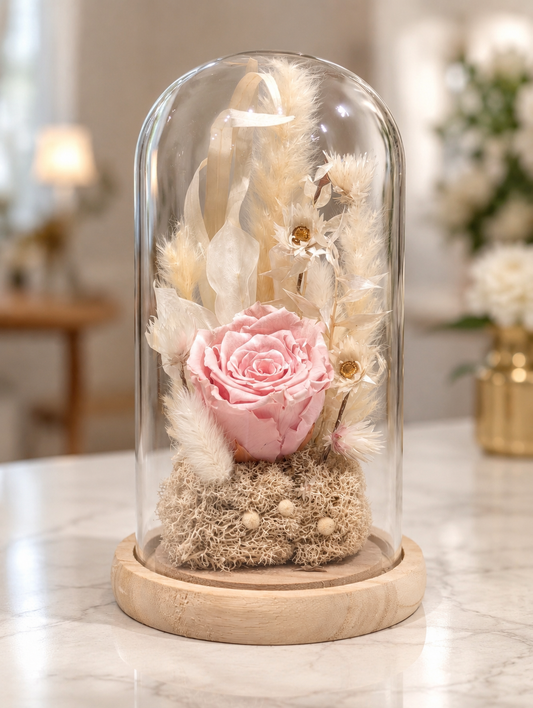 Pink Preserved Rose & Dried Floral Dome – 10”