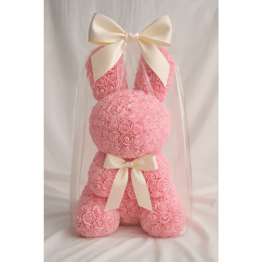 Rose Bunny with Ivory Bows – 17" - Bloom Fleurs & Cadeaux