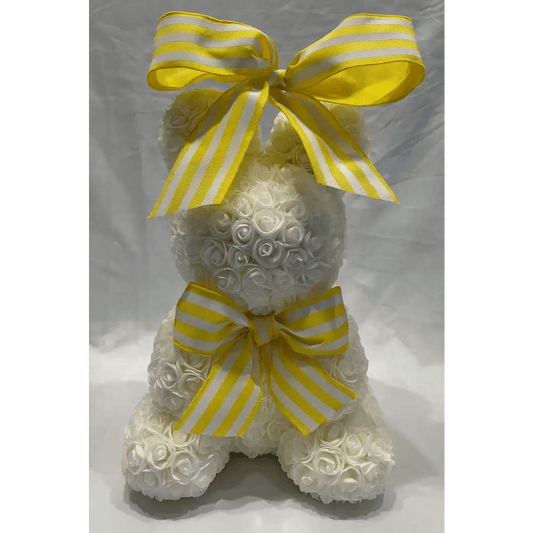 Rose Bunny with Yellow Striped Bow – 17" - Bloom Fleurs & Cadeaux