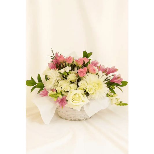 Soft Blush & Cream Basket Arrangement - Bloom Fleurs & Cadeaux