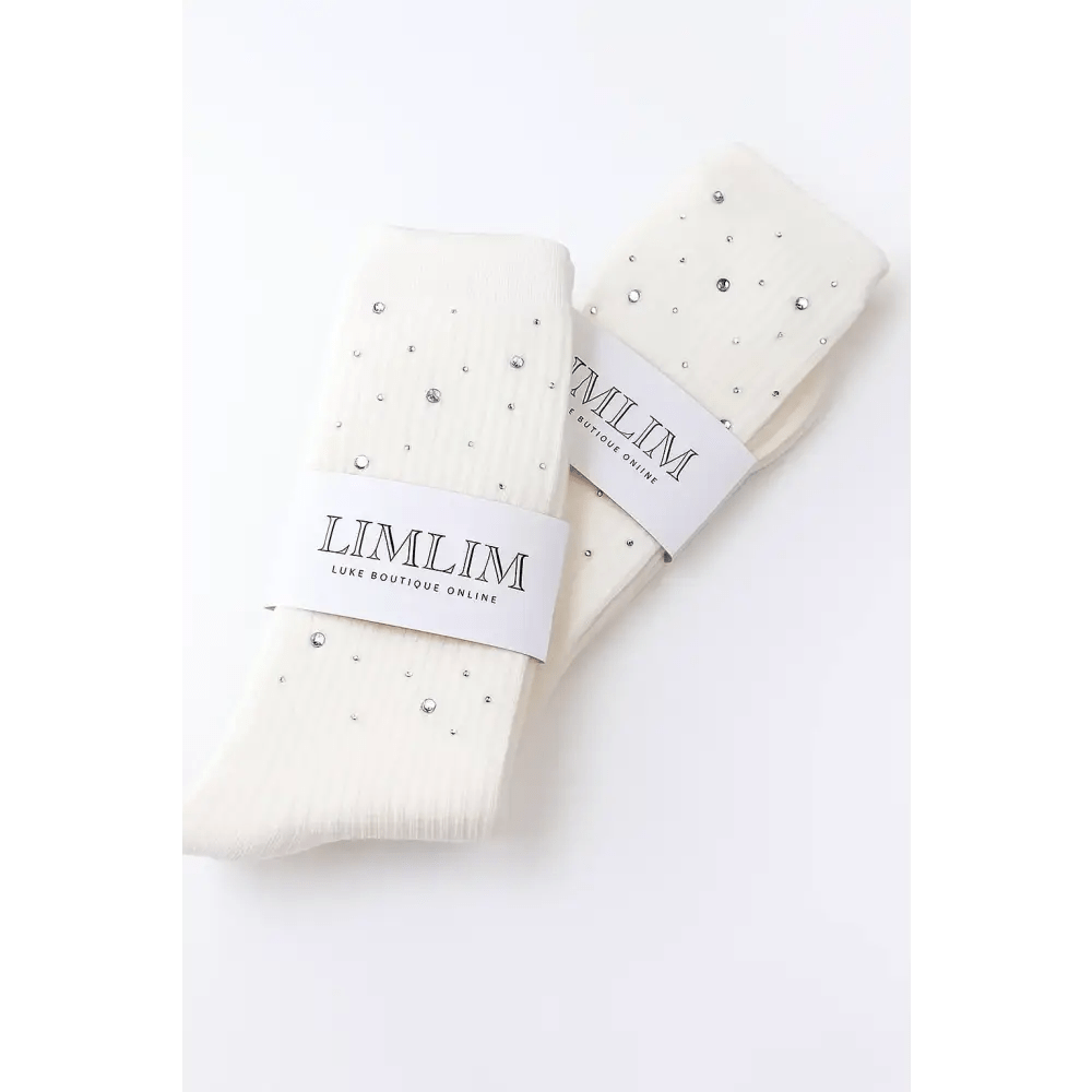 White Ribbed Socks with Rhinestone Sparkle - Bloom Fleurs & Cadeaux