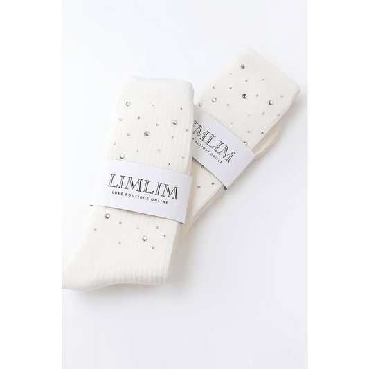 White Ribbed Socks with Rhinestone Sparkle - Bloom Fleurs & Cadeaux
