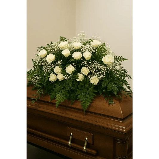 White Rose Casket Spray 10 - Bloom Fleurs & Cadeaux