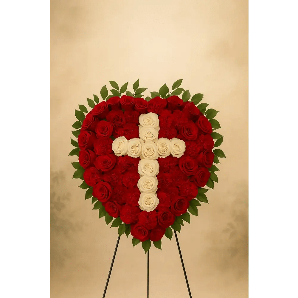 White Rose Cross Sympathy Heart 07 - Bloom Fleurs & Cadeaux